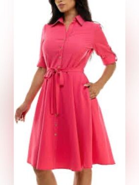 Sharagano Coral Pink Button-Front Tie-Waist Shirt Midi Dress